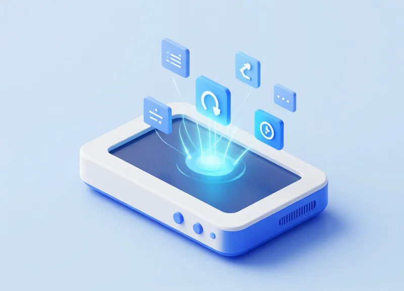 An isometric 3D illustration of a modern electronic shelf label with three highlighted interactive buttons and floating abstract data blocks.