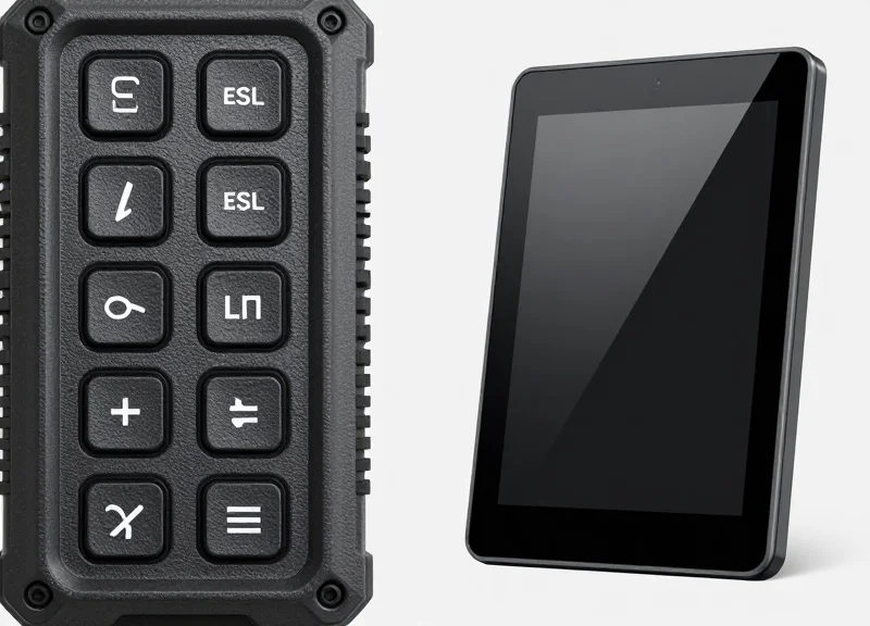 A side-by-side comparison of two industrial electronic shelf labels: the left side showing a device with prominent physical buttons and the right side showing a sleek touch-screen interface.