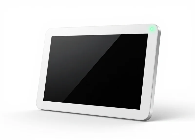 Close-up of a sleek electronic shelf label with a glowing LED indicator on a pure white background.