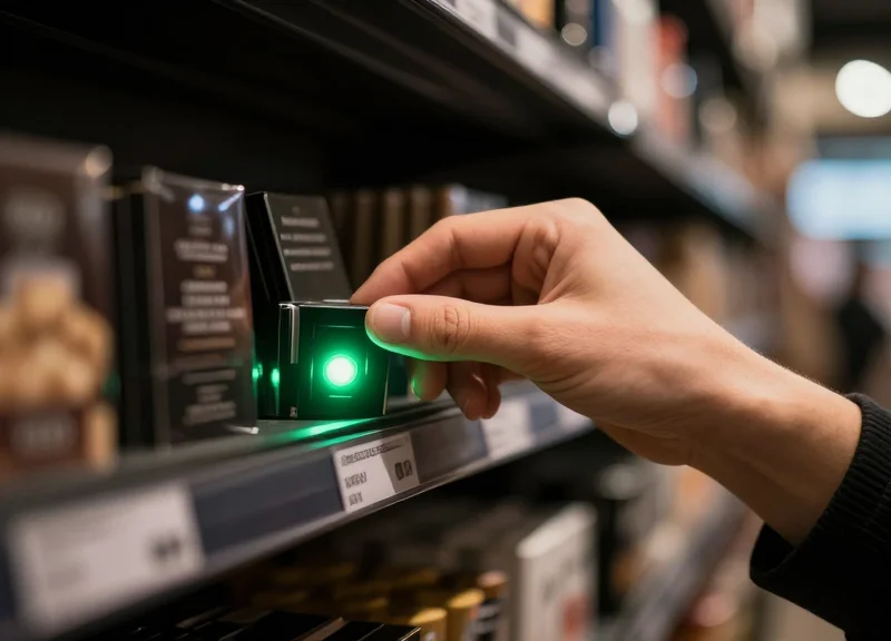A hand reaching for a product on a shelf guided by a bright green glowing LED light on a label.