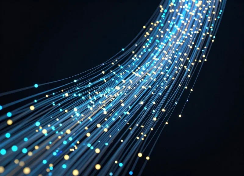 Abstract visualization of glowing data streams organizing into an efficient upward trend.