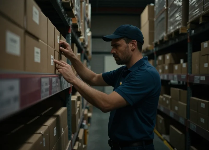A busy dark store worker looking frustrated while searching for items on high warehouse shelves with dim lighting.