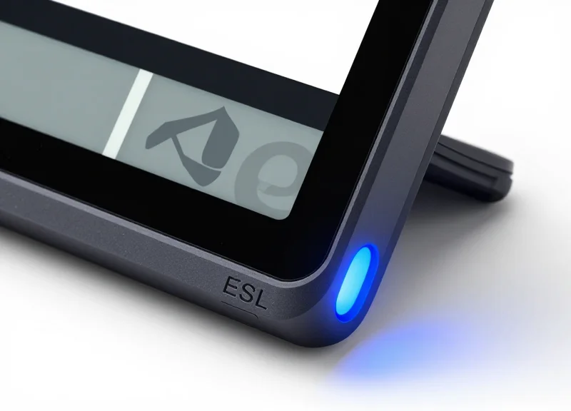 Close-up of a modern electronic shelf label with a bright multi-color LED light glowing on the corner.