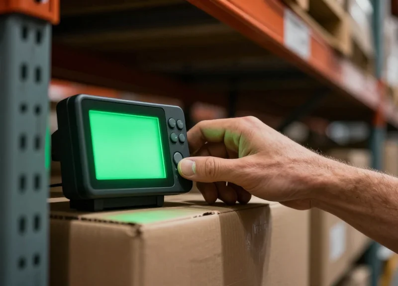 A picker's hand reaching for a product on a shelf where a green LED light is flashing on the electronic label.