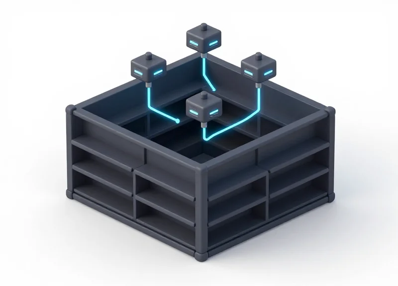 Isometric 3D model of a warehouse floor showing wireless gateways and network connections to shelf labels.