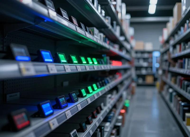 A high-tech dark store warehouse aisle with rows of shelves featuring glowing multi-color electronic shelf labels for quick item location.