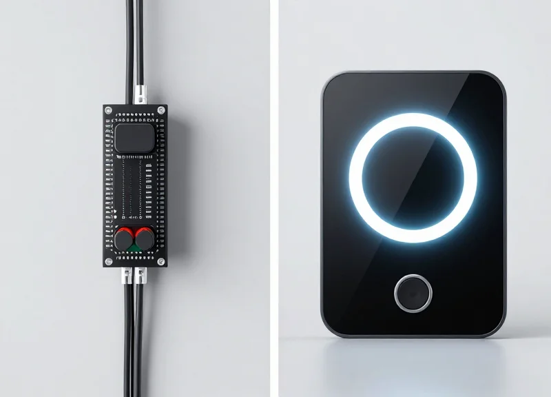 A comparison showing a traditional wired light module next to a modern wireless electronic shelf label with a glowing LED.