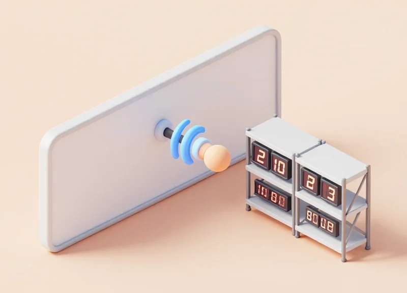 3D isometric view of wireless signals passing through thick walls to digital price tags.