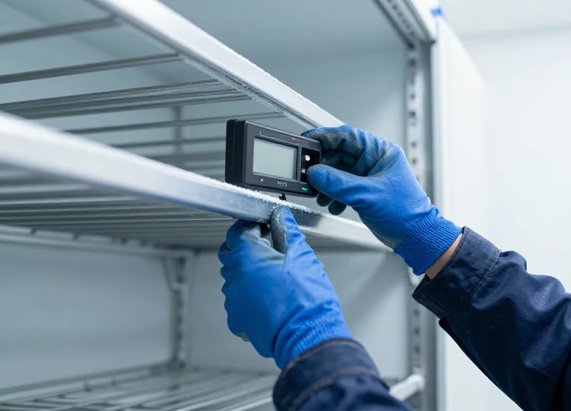 Technician installing a digital price tag in a cold storage environment.