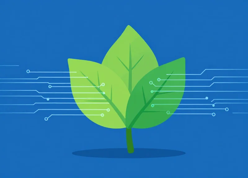 Minimalist illustration of a digital circuit board transforming into green leaves, symbolizing ESG and sustainability goals.