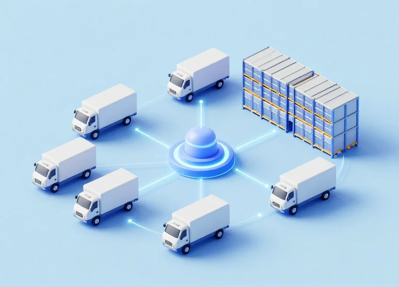 Isometric 3D model of a connected cold chain ecosystem with refrigerated trucks and a smart warehouse.