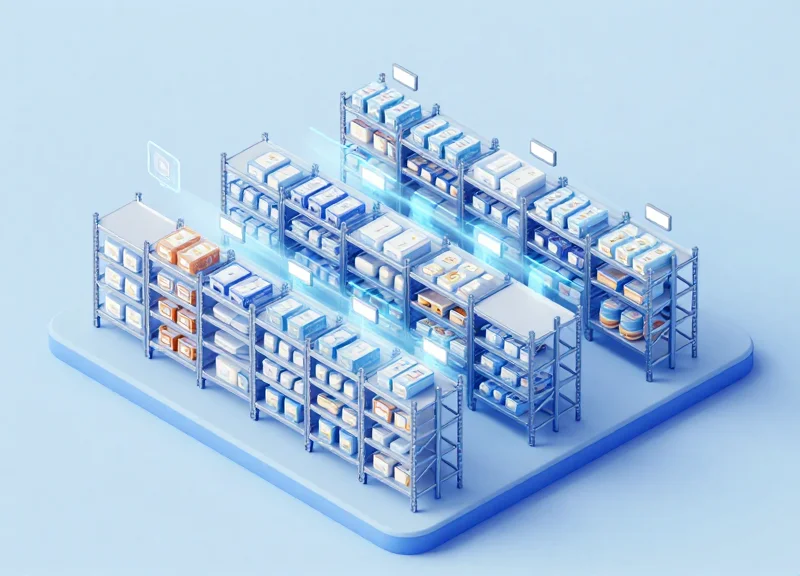 An isometric 3D illustration of a cold chain warehouse with rows of shelving, featuring small glowing electronic shelf labels and a frosty blue color palette.