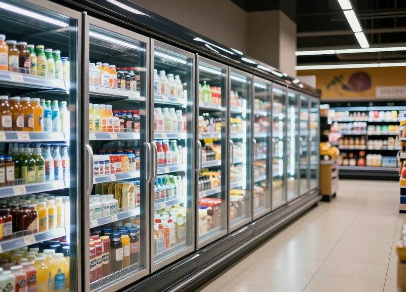 A wide shot of a modern supermarket frozen food section with glass freezer doors and grocery items inside.