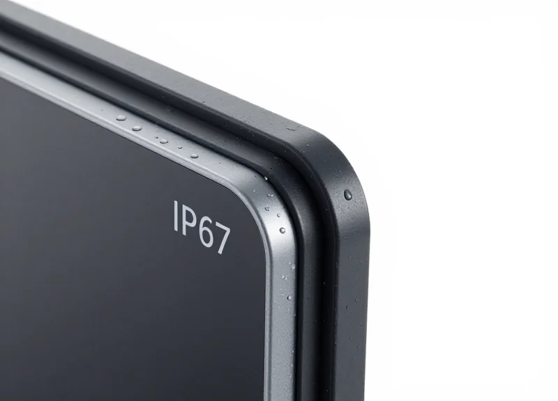 Close-up of a waterproof electronic seal on an industrial device with water droplets.