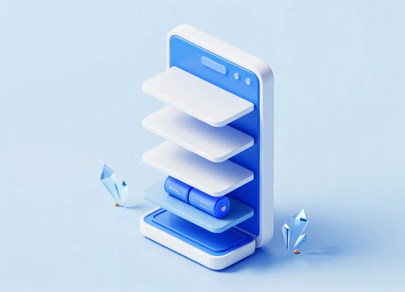 An isometric 3D illustration of a high-tech electronic shelf label with a cutaway view showing internal battery components and protective sealing layers in a cold blue environment.
