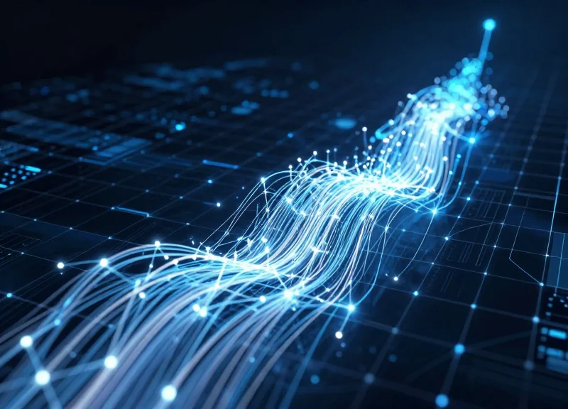 Abstract data visualization of futuristic cold chain logistics network with glowing data streams in icy blue tones.