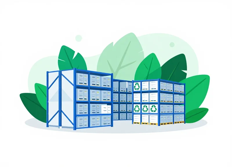 Flat vector illustration of a sustainable green logistics warehouse with zero-waste elements.