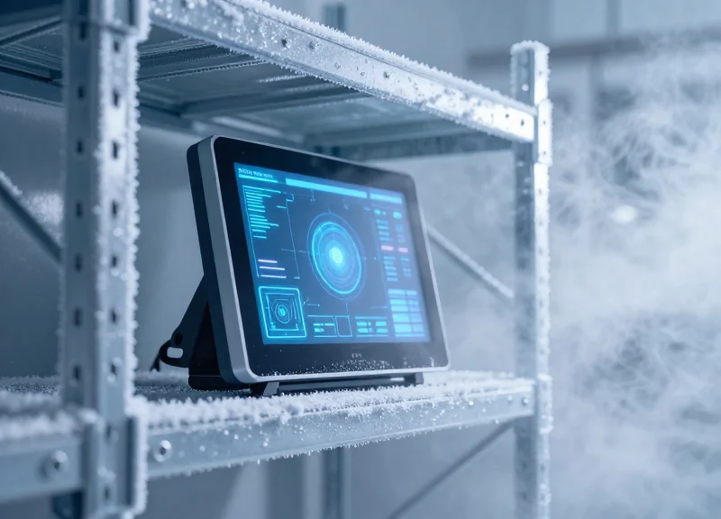 A modern digital electronic shelf label attached to a frosted industrial shelf in a misty cold storage warehouse.