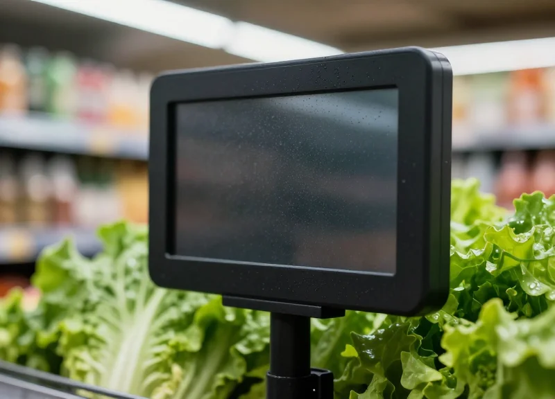Close-up of a digital price tag on a supermarket shelf with fine water mist spraying over fresh green vegetables.