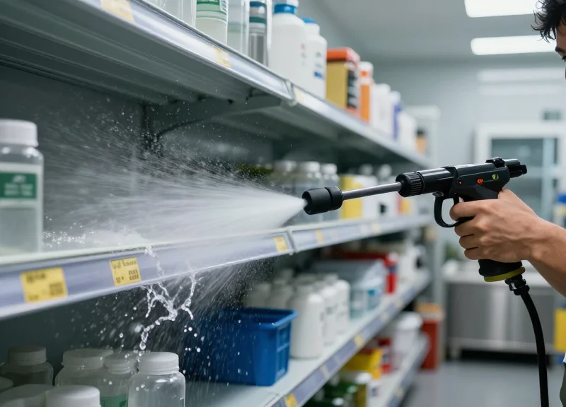 A maintenance worker using a high-pressure water spray to clean grocery shelves equipped with waterproof digital labels.