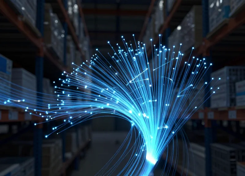 Abstract visualization of wireless data signals flowing through a warehouse environment with glowing nodes.