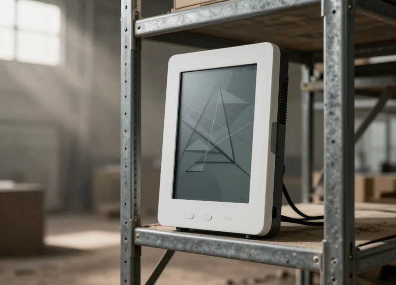 A sleek, fully sealed electronic shelf label mounted on a metal rack in a dusty industrial warehouse setting, featuring professional cinematic lighting.