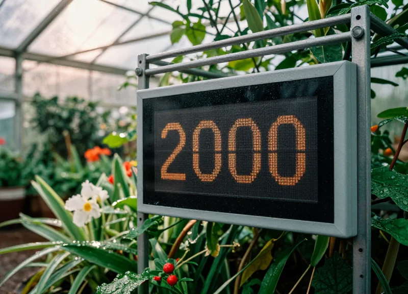 An electronic shelf label mounted on a plant rack in a humid outdoor garden center with morning dew