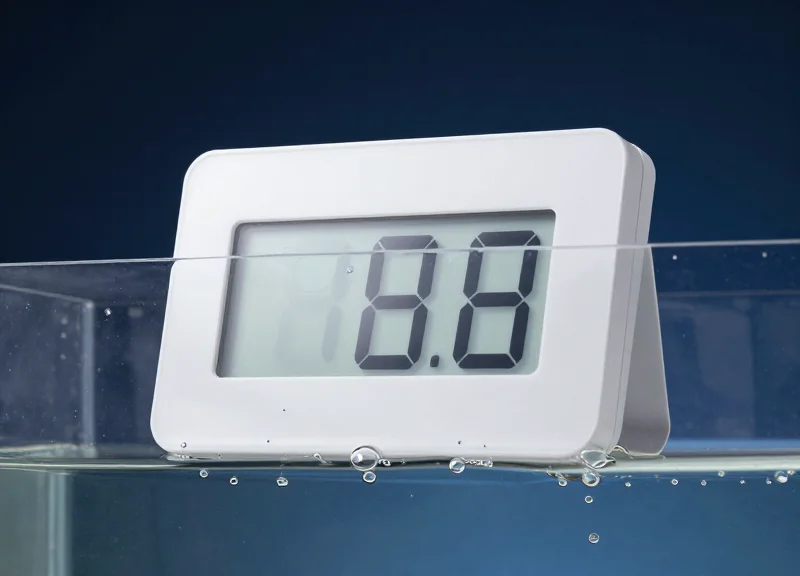 Professional studio shot of a rugged ESL submerged in a water tank to demonstrate IP67 rating