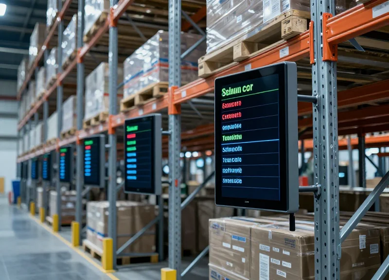 Industrial warehouse with digital price tags on heavy metal shelving units