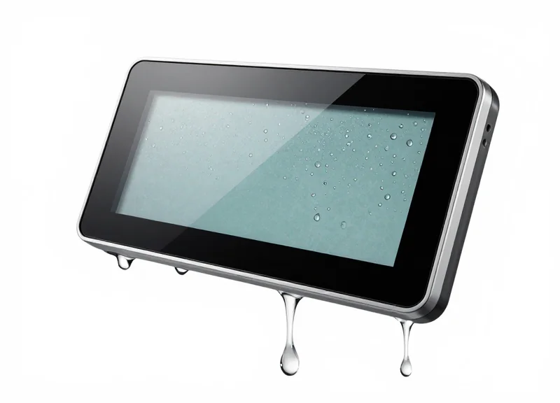 Electronic shelf label partially submerged in water to demonstrate IP67 rating