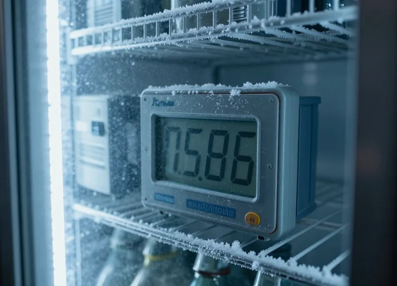 Digital labels in a sub-zero cold storage facility with visible frost