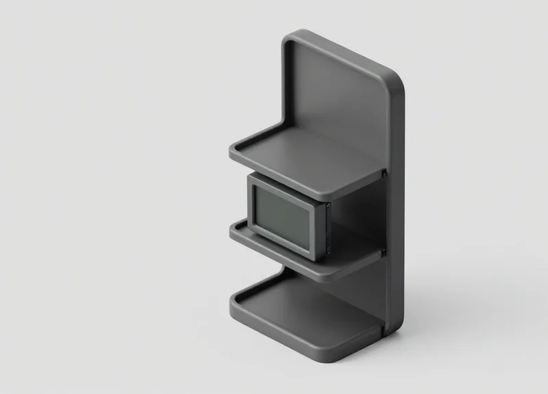 Isometric 3D view of a disassembled anti-impact ESL tag showing its internal protective layers.