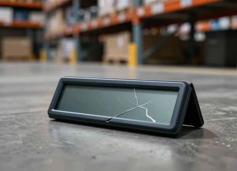 A damaged electronic shelf label with a cracked screen lying on a dusty industrial warehouse floor.