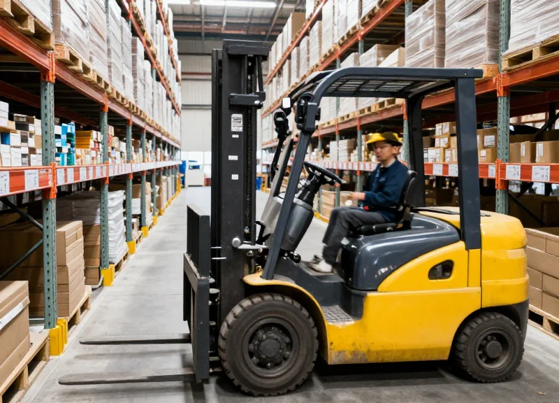 A yellow forklift navigating a busy warehouse aisle with shelves equipped with ESLs.