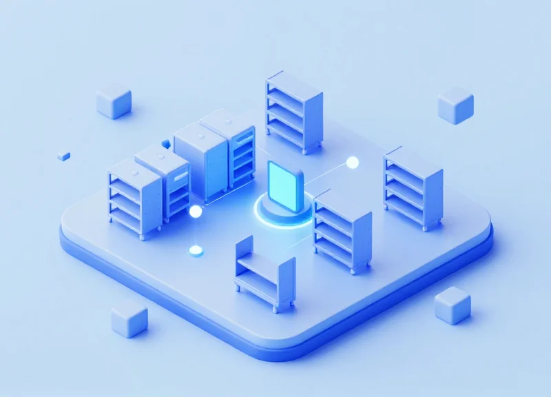 Isometric view of a futuristic smart warehouse with interconnected IoT labels.