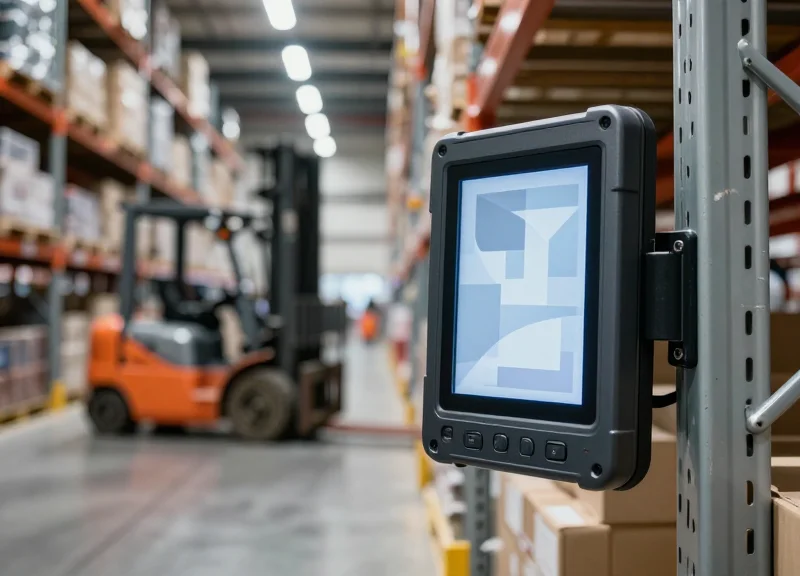 A close-up of a rugged, reinforced electronic shelf label mounted on heavy-duty metal shelving in a modern warehouse, with a forklift moving through a blurred aisle in the background.