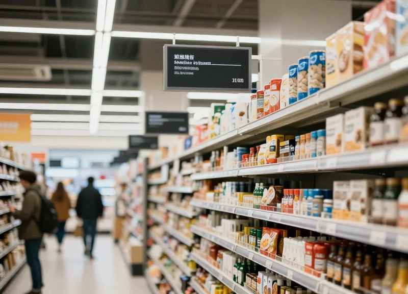 Modern supermarket aisle with digital electronic shelf labels clearly visible on clean white shelving units.