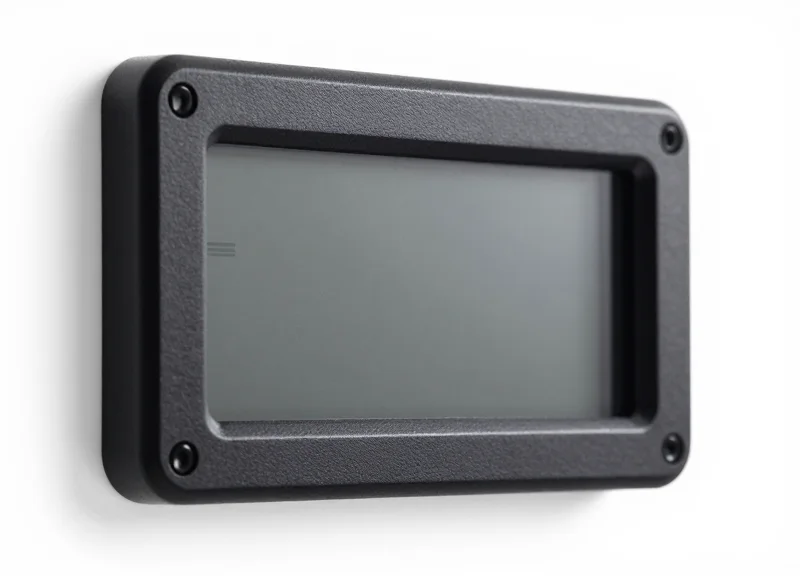 Close-up of a ruggedized electronic shelf label showing its high-impact resistant casing texture.