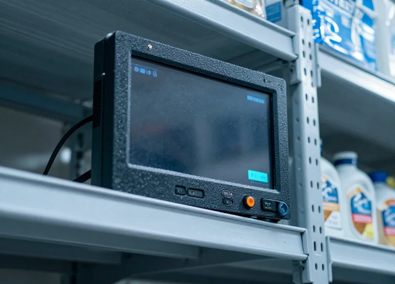 Electronic shelf labels used in a cold storage frozen food section with visible frost on the metal shelving.