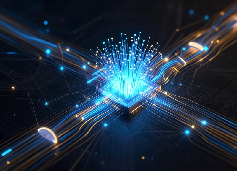 Abstract visualization of edge computing data streams and glowing nodes in a digital network