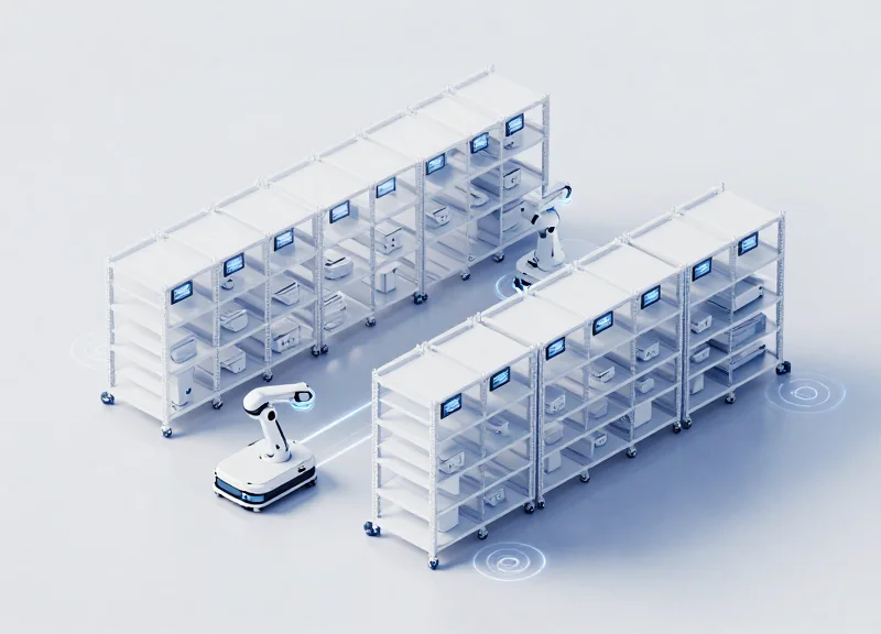 An isometric 3D illustration of a futuristic autonomous warehouse with robotic carts navigating between shelves equipped with glowing digital labels and circular light pulses on the floor representing anti-collision sensors.