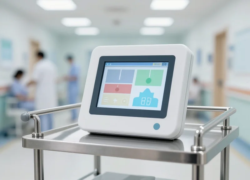 A close-up of a sleek, white electronic shelf label mounted on a clean medical cart in a bright, modern hospital hallway.