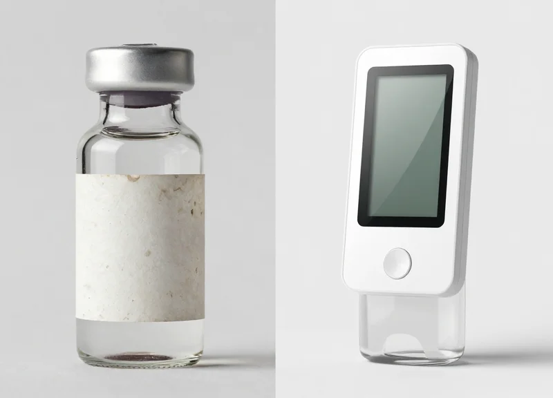 Side-by-side comparison of a traditional stained paper label versus a clean, modern medical-grade electronic shelf label on laboratory glassware.
