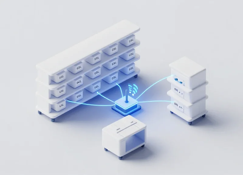 Isometric 3D model of a laboratory storage system with synchronized digital labels and a central tracking hub.
