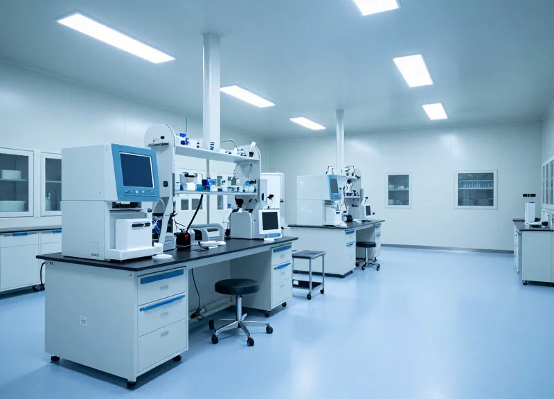 A pristine Grade-A cleanroom environment with sterile white surfaces and high-tech laboratory equipment.