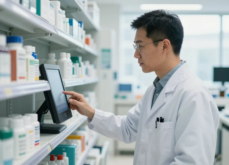 A professional pharmacist using digital tools in a high-tech smart hospital ward.