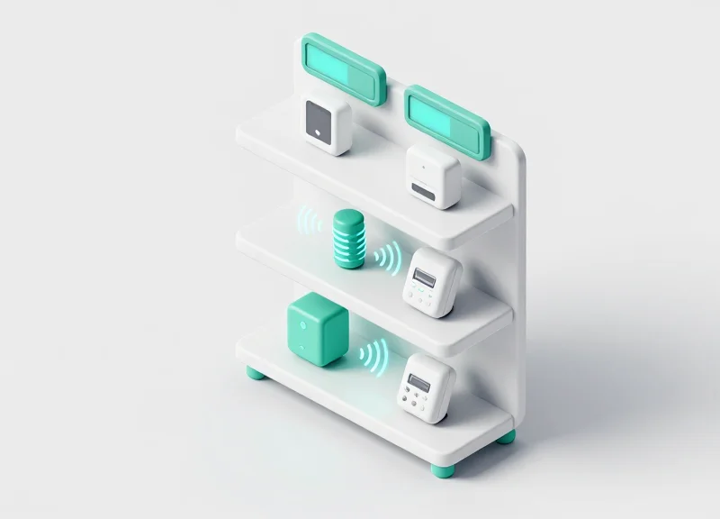 Isometric view of the synergy between ESL and RFID technologies in a future-proof hospital.