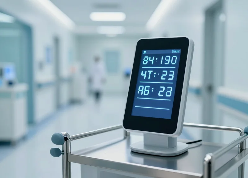 A sleek, digital electronic shelf label with a clean antimicrobial surface mounted on a sterile medical storage unit in a bright, modern hospital corridor.
