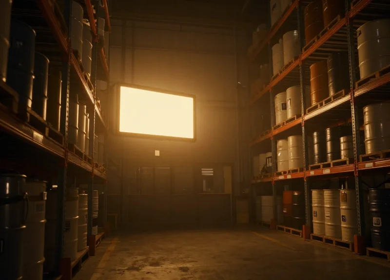 A high-contrast e-paper display visible in a dark, hazy chemical warehouse aisle