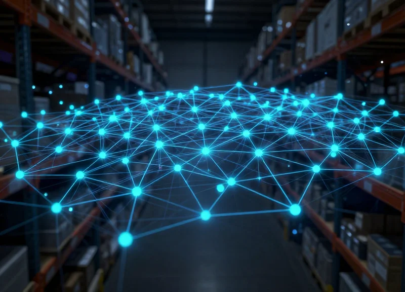 Abstract digital network nodes connecting shelving units in a dense warehouse setting